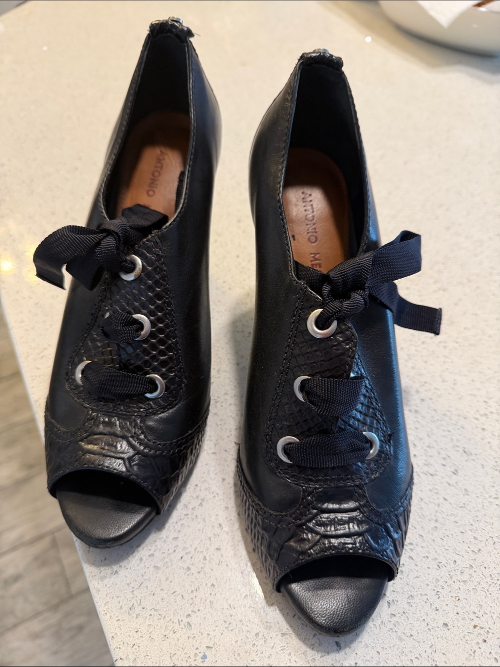 ANTONIO MELANI Black Peep-Toe Lace-Up Heels